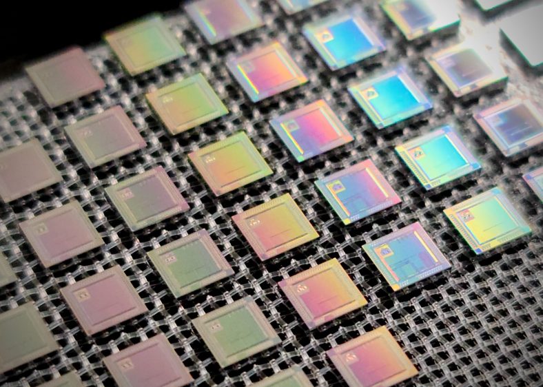 A photo of an array of silicon chips unbonded on a soft grey foam background