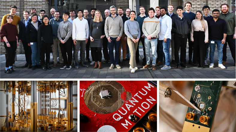 Collage of Photos, Top: Quantum Motion team outside London lab, Bottom left: Dilution Fridge, Bottom middle: Quantum motion chip, Bottom right: Quantum motion chip on circuit board and measurement puck for fridge