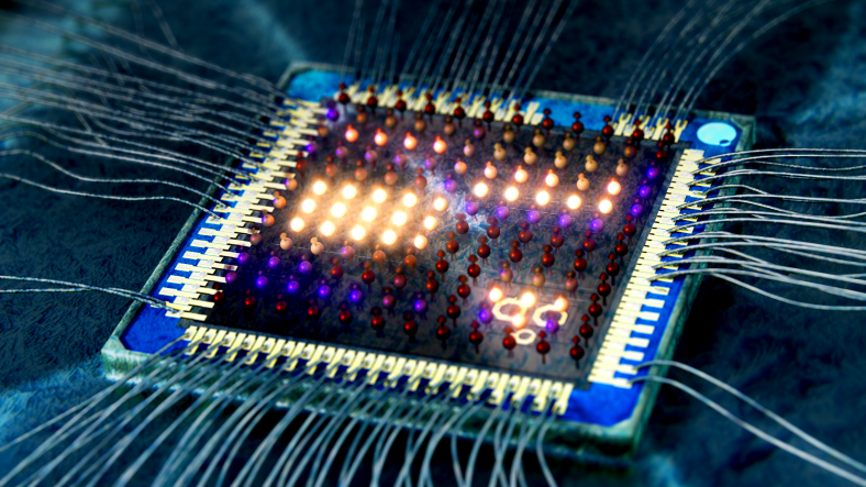 Artistic illustration of a hybrid quantum-classical chip at cryotemperatures, where the spins above the chip represent quantum dot thermometers and how temperature is mapped across the chip.