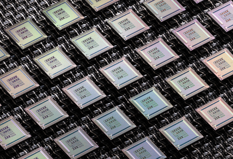 Photography of an array of Quantum chips designed by Quantum Motion and manufactured by GlobalFoundries